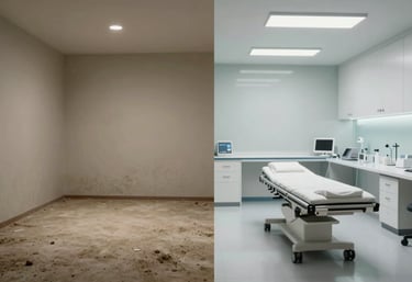 A split composition showing the transformation of a space: a dusty, empty room on one side and a clean, brightly lit, modern medical office on the other.
