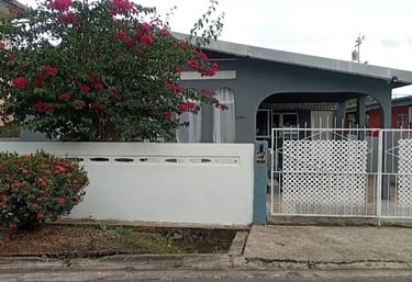 Small gray house with a white lattice gate and blooming pink bougainvillea tree out front.