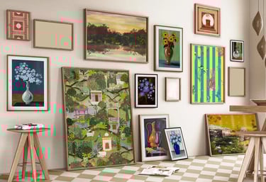 Eclectic gallery wall featuring framed botanical art, landscape paintings, and vibrant illustrations.