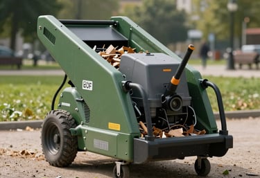 A modern, professional wood chipper operating in a clean Central European / Polish city park environment, showing an eco-friendly approach to green waste management.
