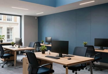 An elegant workspace interior in London with high ceilings and slate blue accents, showcasing a clean, professional financial advisory setting.
