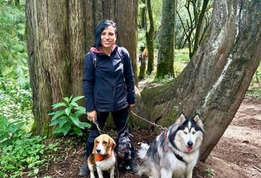 Una mujer paseando con un beagle y un husky entre grandes árboles en un frondoso bosque verde