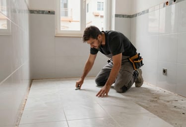 A skilled carpenter fitting custom woodwork in a sun-lit villa kitchen.