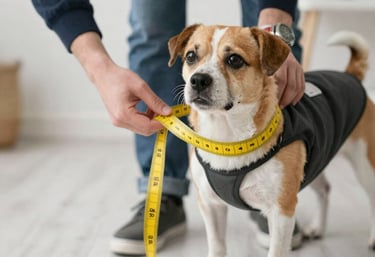 una persona tomando medidas a u perro con una sinta amarilla