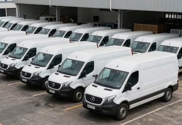 A commercial fleet of white delivery vans parked in a modern logistics warehouse in a South American / Brazilian industrial zone. Clean, organized, professional look.