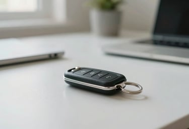 A close-up photograph of a modern car key sitting on a white desk in a bright South American / Brazilian home office. Soft natural lighting, minimal style with a hint of Teal.