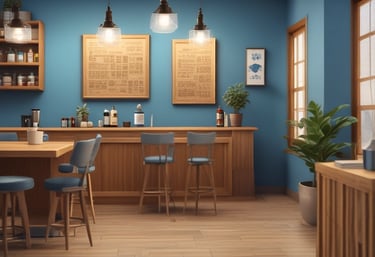 Close-up of a sleek QR code plaque on a café table inviting customers to leave a review.