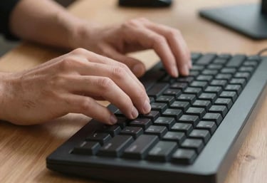 Close up of a person's hands typing on a mechanical keyboard in a well-lit, tech-focused North American home office.