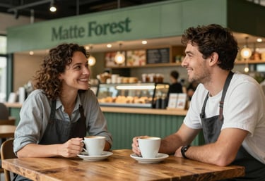 A joyful scene of a restaurant owner and an agency creative talking over coffee at a rustic wooden table. The background shows a modern, cozy food market interior with Matte Forest Green elements.