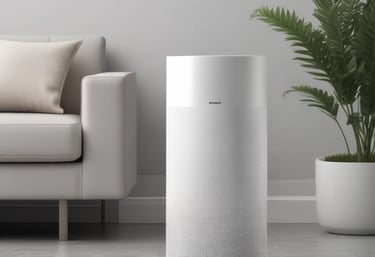 Compact pet air purifier with a minimalist design in navy and white.