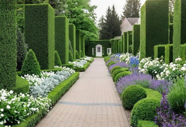 Formal garden pathway lined with tall manicured hedges, white flowers, and purple lavender.