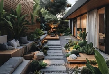 Modern outdoor patio landscape design featuring a zen garden with stone pavers, succulents, and lush tropical plants.