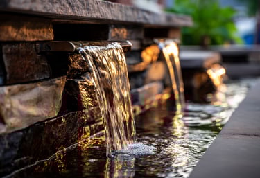 Backyard stone water feature with flowing waterfalls illuminated by golden sunset light.
