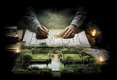 Architectural mood board with material samples on a table overlooking a serene garden pond landscape.