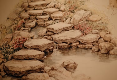 Watercolor illustration of a backyard stone waterfall feature with a pond and garden flowers.