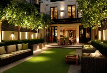 Modern luxury backyard patio with outdoor lighting, wicker furniture, and a green lawn for evening entertaining.