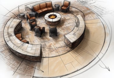 Architectural sketch of a circular stone patio design with a central fire pit and outdoor seating.