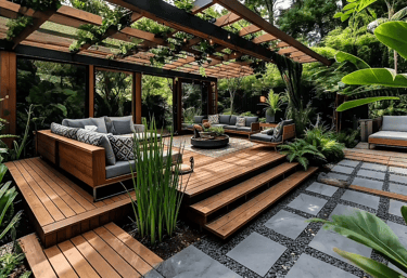 Modern luxury backyard deck with wooden pergola, outdoor lounge furniture, and lush tropical landscaping.