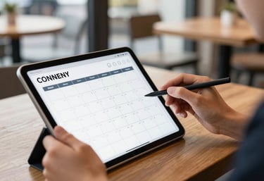 A professional social media manager planning a digital content calendar on a tablet in a bright North American / Western cafe setting.