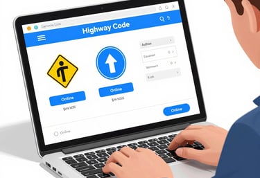 A young adult studying road signs on a tablet in a cozy home setting.