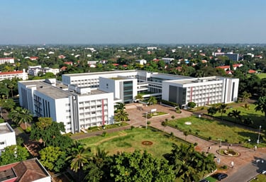 A lush, green aerial view of a private engineering university campus in Tamil Nadu, showing interconnected modern blocks and academic squares, clean architectural lines under a clear blue sky.