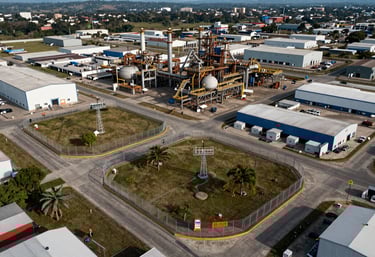An aerial view of an industrial complex in the region of Sinaloa, showing localized security perimeters and electrified fencing, highlighting commercial and industrial safety solutions.