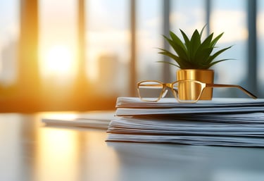 Gold-rimmed glasses resting on a stack of office documents next to a potted plant at sunrise.