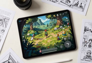 A flat-lay studio photograph of a tablet, a stylus, and several game design storyboards on a light cream surface. Professional North American / Global artist workspace.