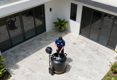 An aerial view of a clean, modern residential courtyard in the Philippines where a professional septic service is being discreetly performed, bright and sunny day.
