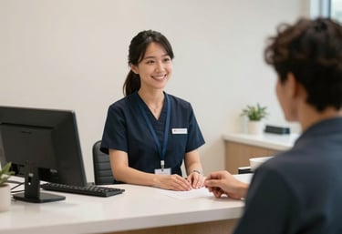A welcoming North American / US clinic reception desk with a professional receptionist assisting a patient. The background is clean and soft off-white.