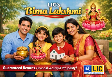 An LIC Bima Lakshmi promotional image featuring a family with Goddess Lakshmi