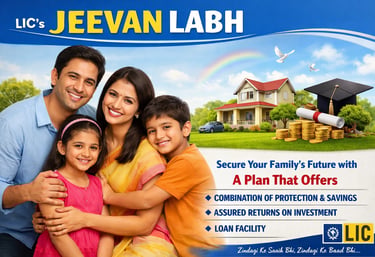 An LIC Jeevan Labh advertisement featuring a happy family