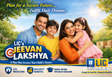 A promotional poster for LIC Jeevan Lakshya featuring a happy family with icons for education income