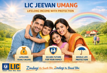 LIC Jeevan Umang showing a smiling family in a meadow with icons for yearly income