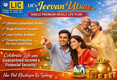 LIC Jeevan Utsav featuring a family and listing benefits like lifetime guaranteed income