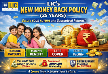 An LIC Money Back 25 Years policy infographic showing a happy family