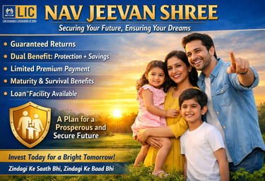 An LIC Nav Jeevan Shree promotional banner showing a family at sunrise