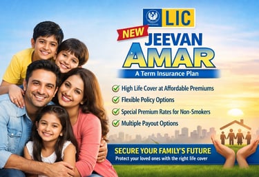 An LIC New Jeevan Amar promotional banner featuring a family
