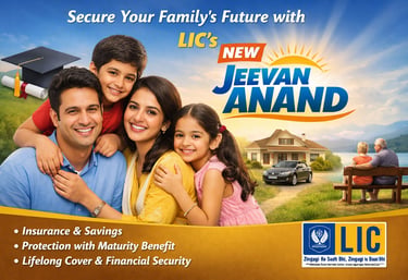 LIC New Jeevan Anand featuring a family, a home, and education symbols, highlighting insurance,