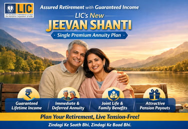 An LIC New Jeevan Shanti promotional banner featuring a couple