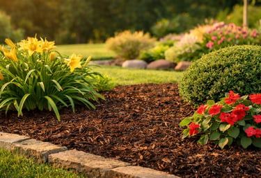 High-quality dark brown mulch installed in flower beds to improve soil moisture and curb appeal in G