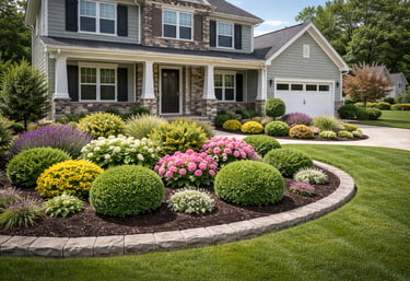 Shrub and ornamental plant installation creating a structured and vibrant front yard landscape in th
