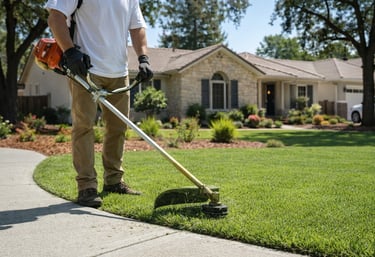 Landscaping professional performing string trimming along sidewalk at a residential home in Garner a