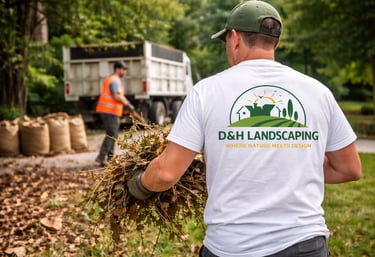 Professional yard clean up crew removing leaves debris from a residential lawn in nc