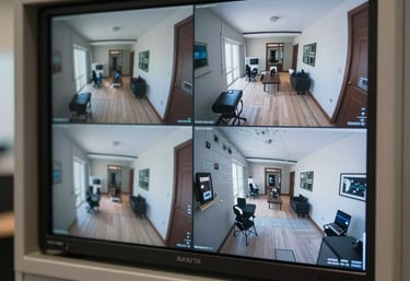A security control panel and monitors showing clear camera feeds inside a modern South American home, reflecting a sense of security.