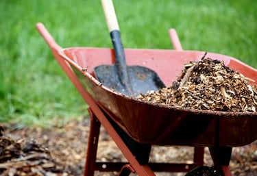 A wheelbarrow with mulch & a shovel