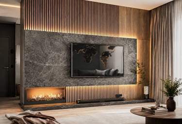 Custom media wall with integrated storage and lighting