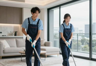 Elegant living room with navy blue and gold accents, showcasing a spotless, modern rental property.