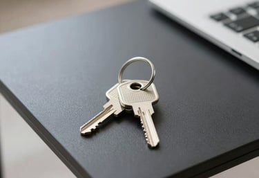 Close-up of a gold-accented key fob resting on a navy blue velvet cushion in a luxury rental.