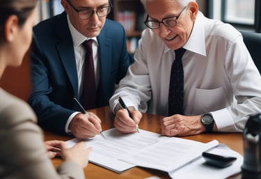 A professional woman consulting with a client over retirement documents in a cozy office.
